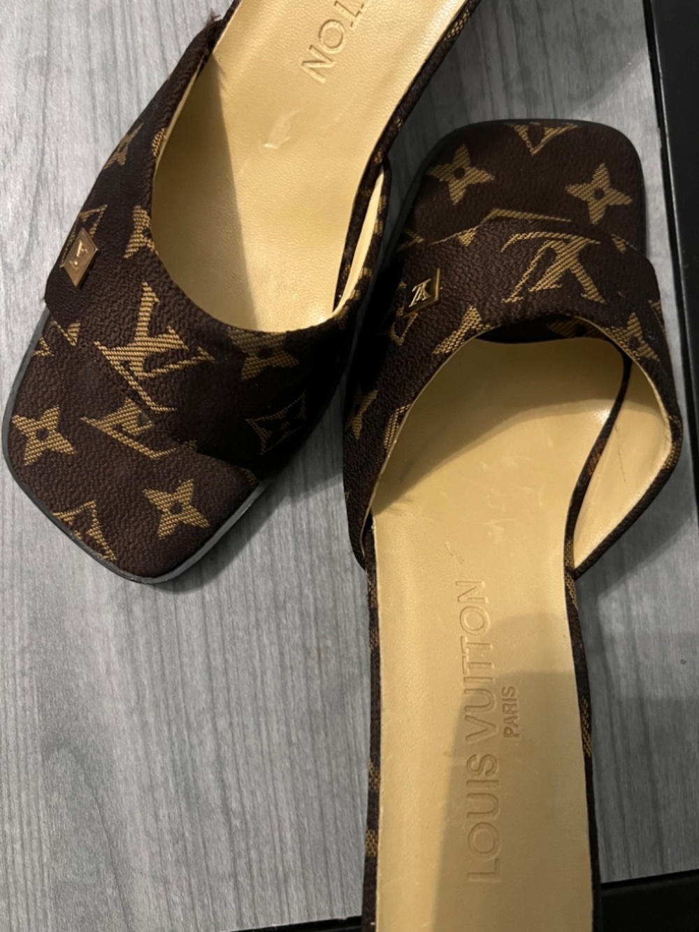 Vintage Louis Vuitton Monogram canvas mules gold bottom from the early 2000s era